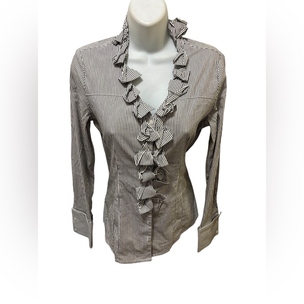 Express Design Studio 90’s Tailored Striped Ruffle Blouse Sz S Light Academia